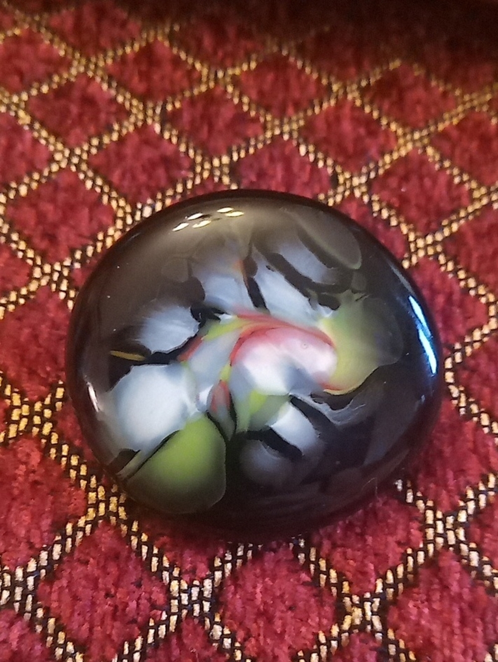 Antique Decorative Glass Art Brooch in Black with Multicolor Swirl